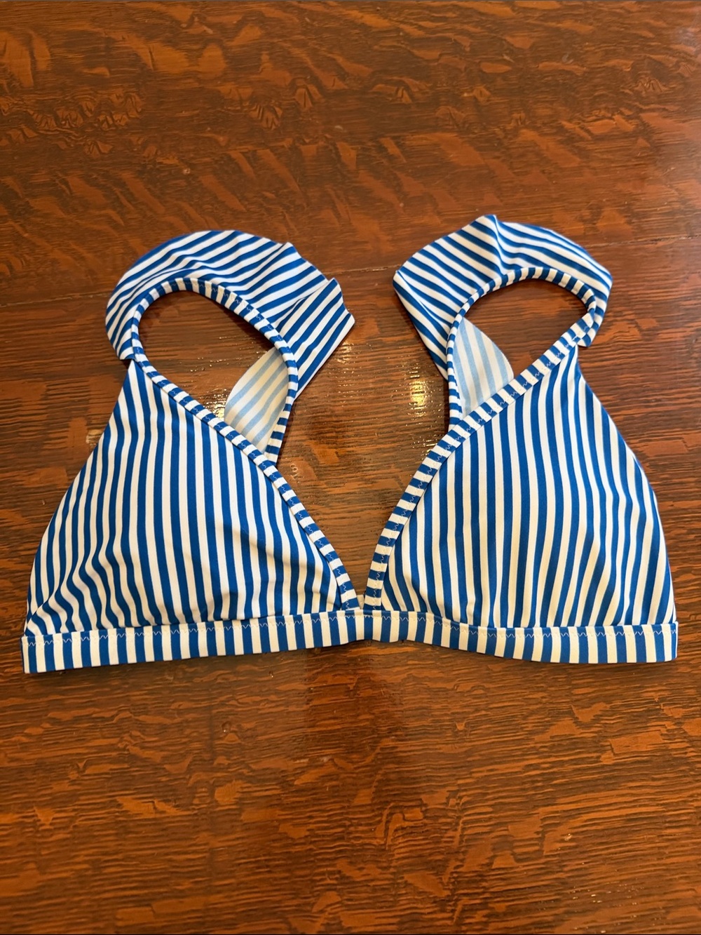 J. Crew Striped Ruffle Shoulder V-Neck Bikini Top Blue and White